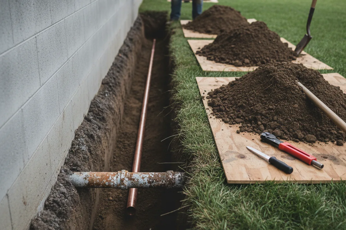 Excavated water line trench during Sewer Line Repair in Woodward